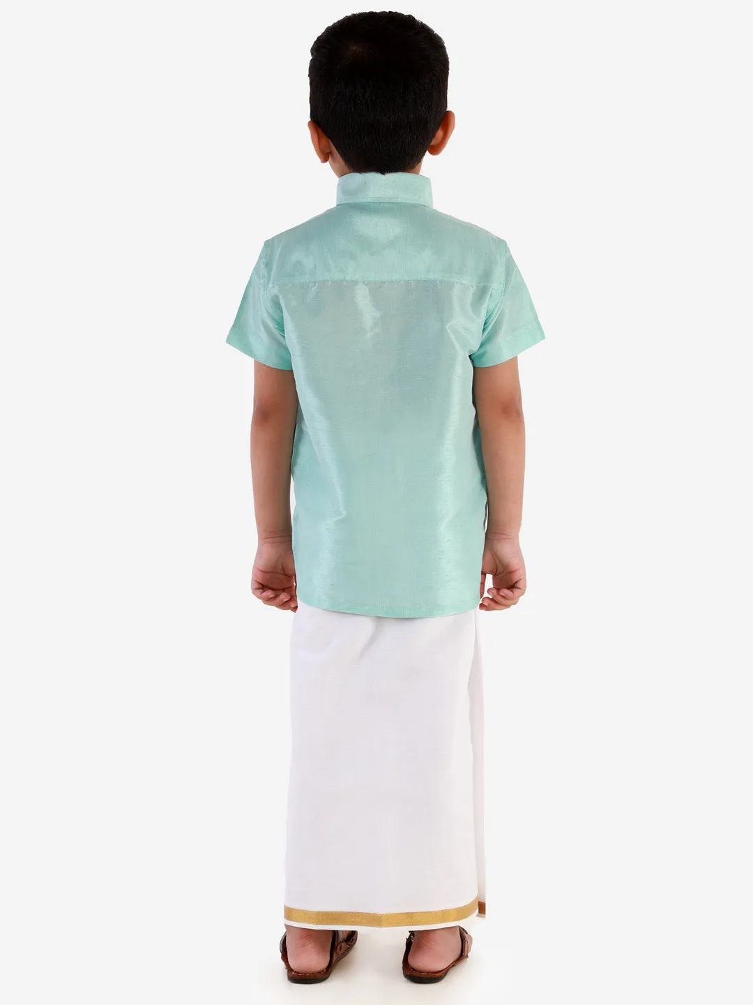 Jashvi Boys' Aqua Silk Short Sleeves Ethnic Shirt Mundu Vesty Style Dhoti Pant Set