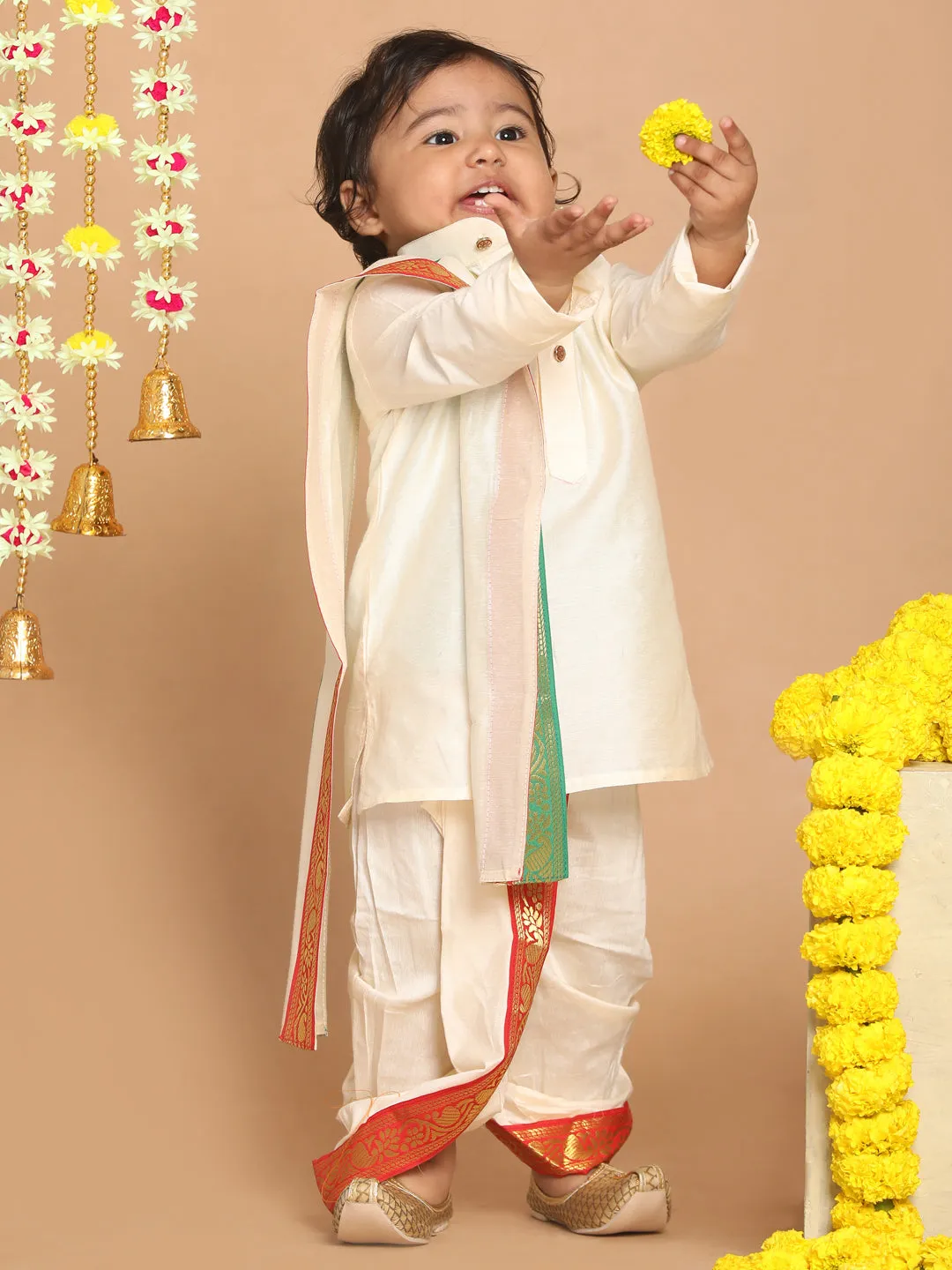 Jashvi Boy's Cream-Colored Kurta With Dhoti Pants & Dupatta Set