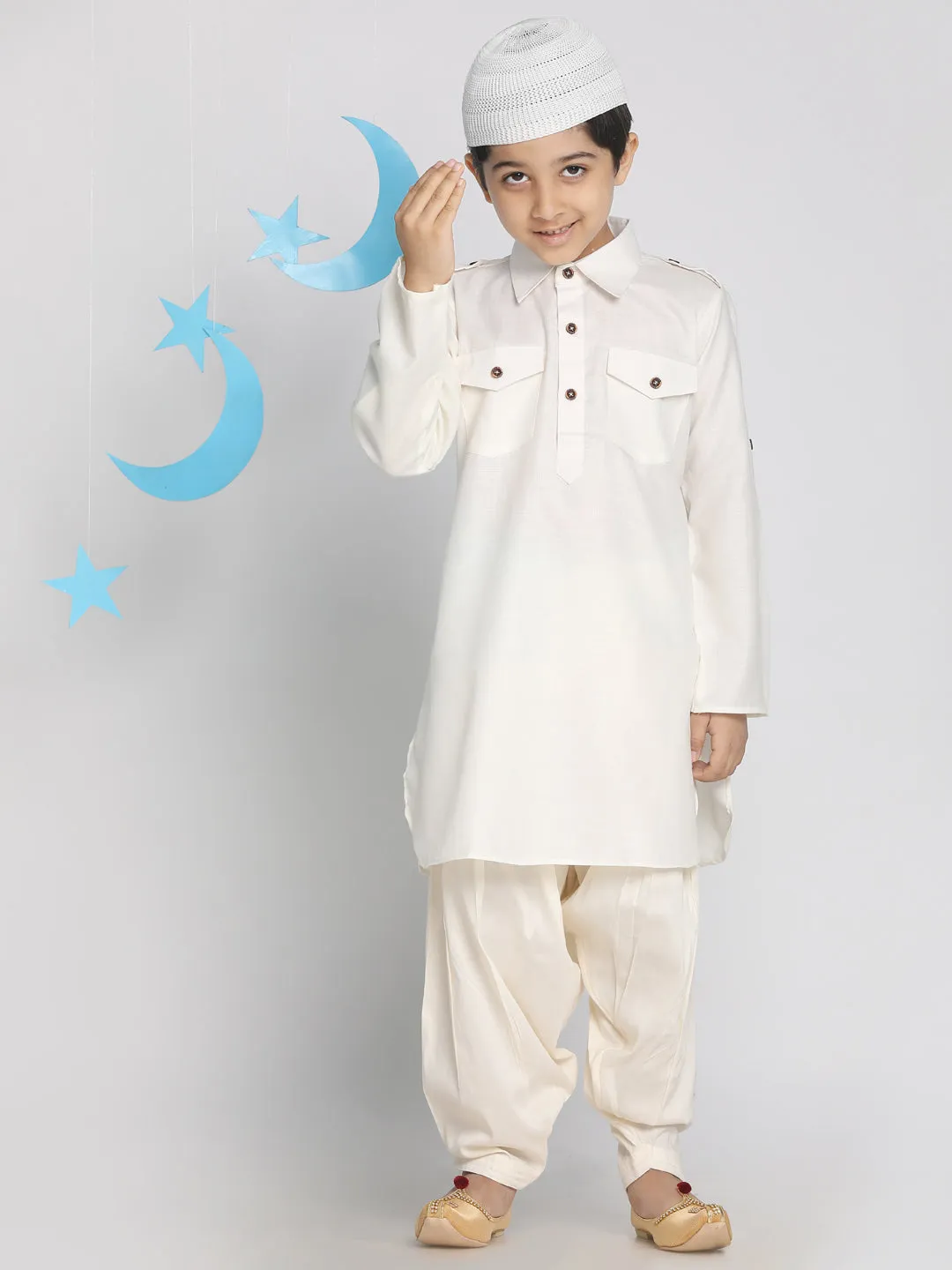 Jashvi Boys' Cream Pathani Suit Set