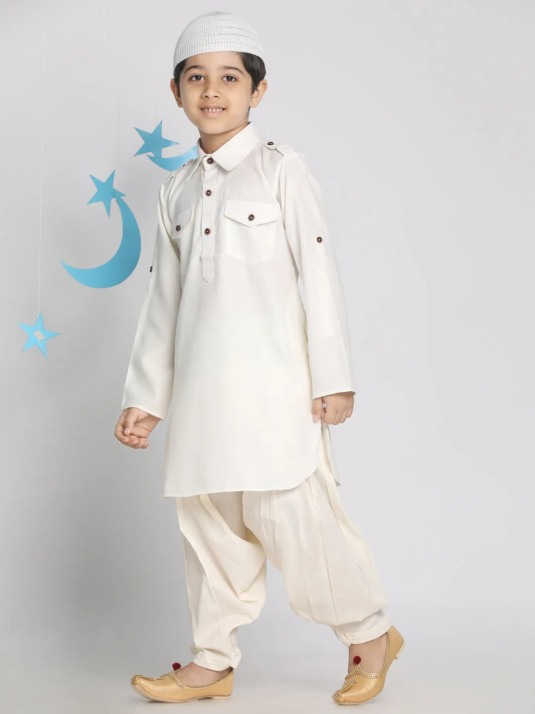 Jashvi Boys' Cream Pathani Suit Set