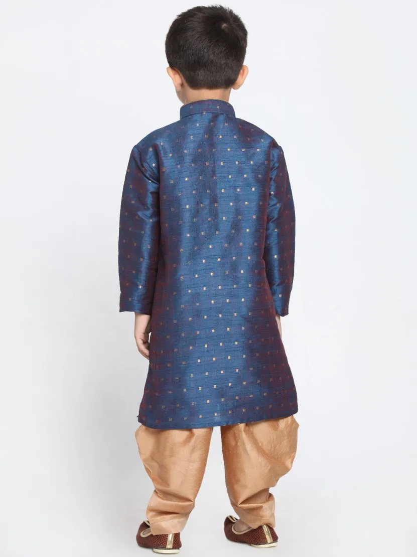 Jashvi Boys' Deep Blue Cotton Silk Blend Kurta and Rose Gold Dhoti Pant Set