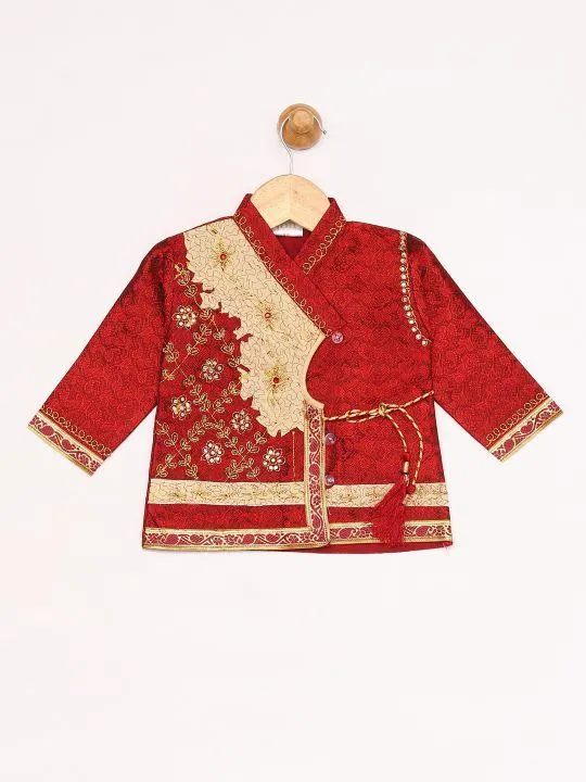 Jashvi Boy's Gold & Maroon Angrakha Kurta and Dhoti Set