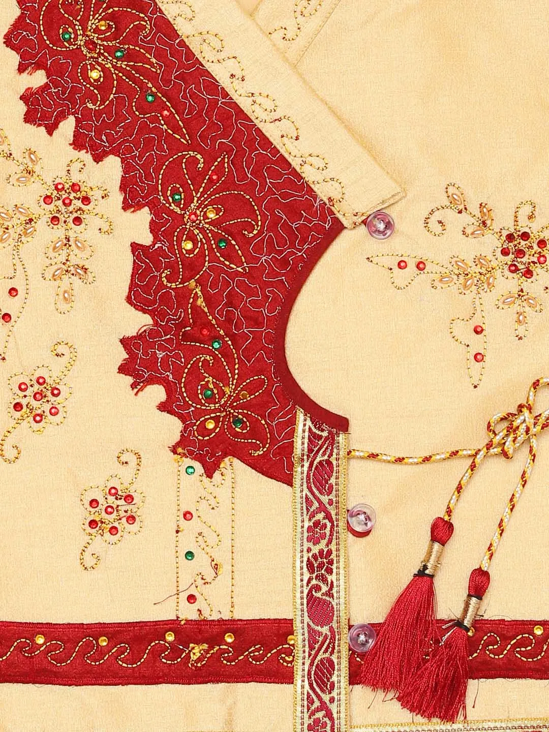 Jashvi Boy's Gold And Maroon Angrakha Kurta and Dhoti Set