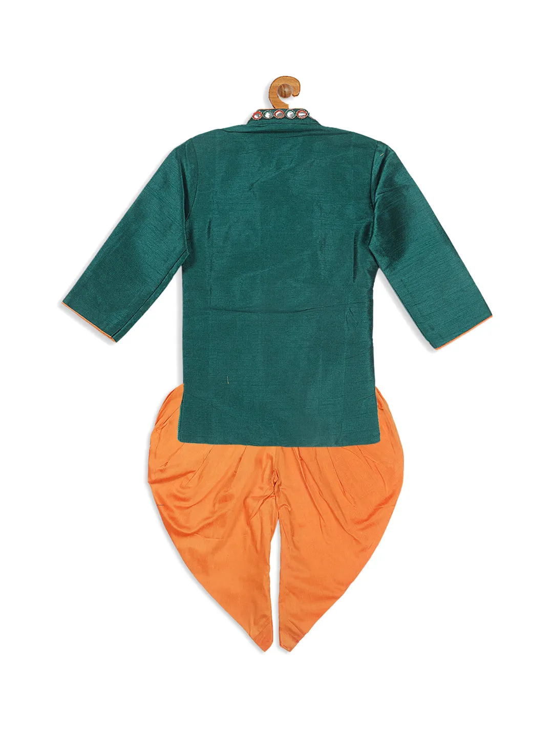 Jashvi Boy's Green Embroidered Angrakha Mirror Work Kurta with Dhoti Pants