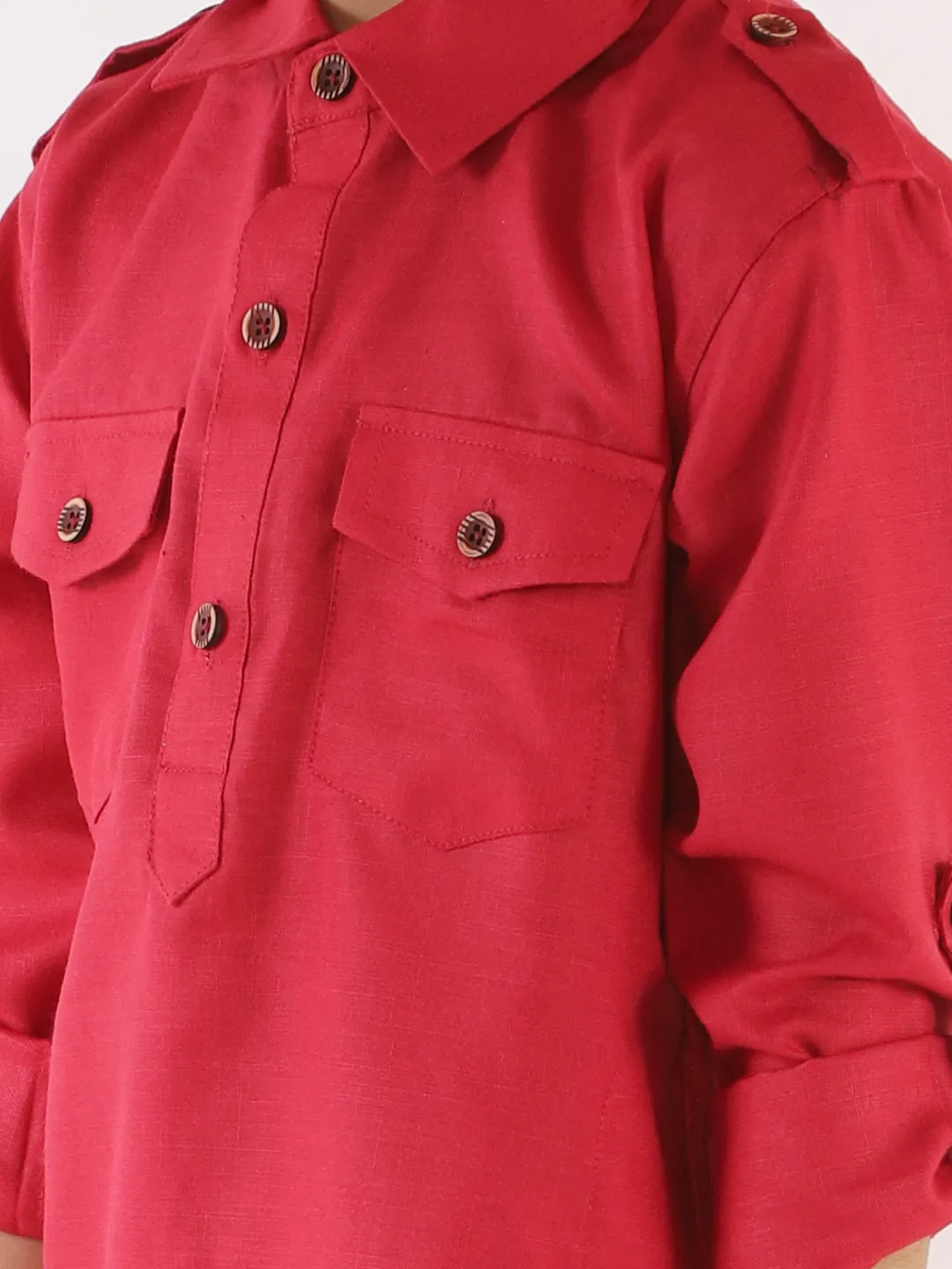 Jashvi Boy's Maroon Cotton Blend Pathani Suit Set