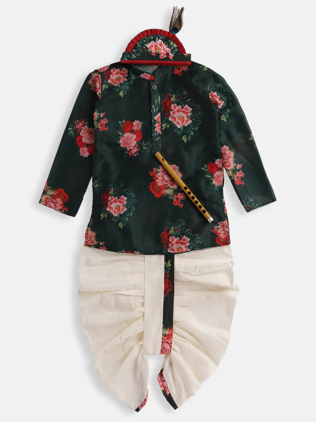 Jashvi Boys Multicolor-Base-Green Cotton Blend Kurta and Dhoti Set