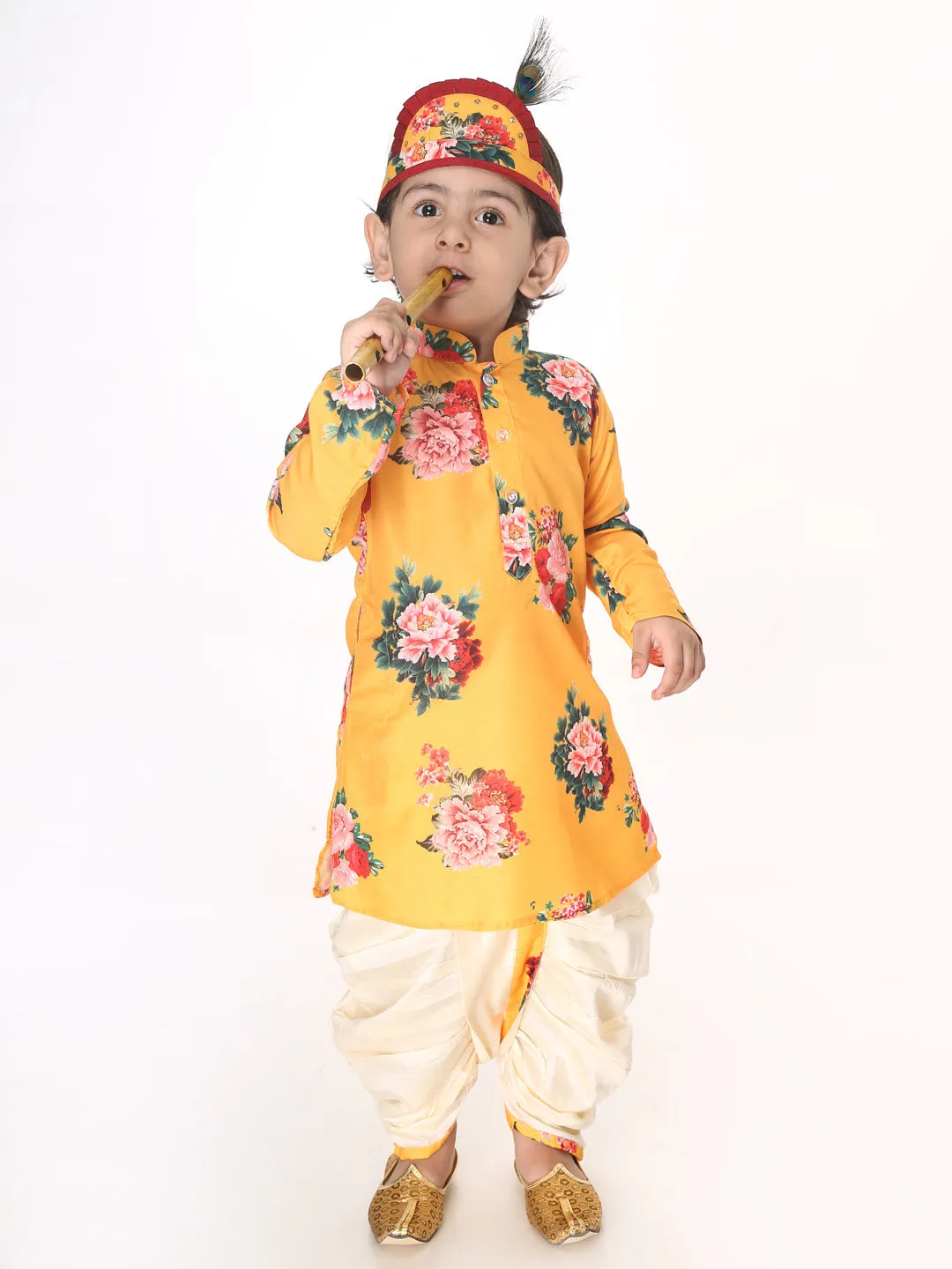Jashvi Boys Multicolor-Base-Yellow Cotton Blend Kurta and Dhoti Set