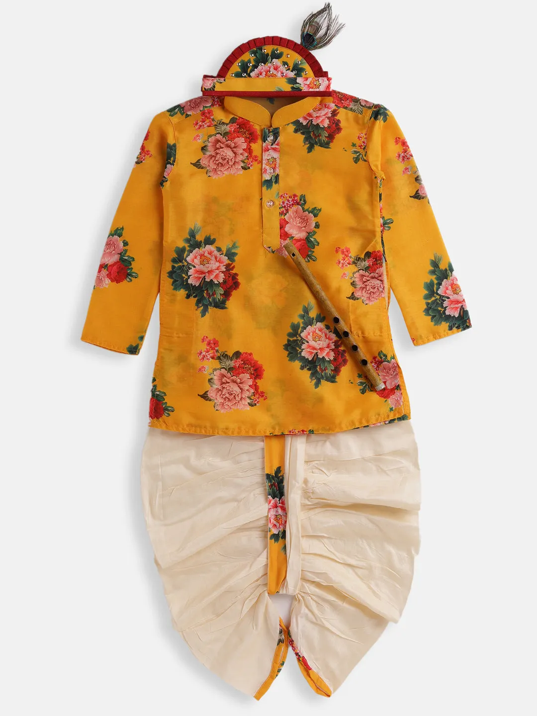 Jashvi Boys Multicolor-Base-Yellow Cotton Blend Kurta and Dhoti Set