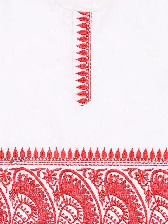 Jashvi Boy's White Embroidered Cotton Kurta and Dhoti Set