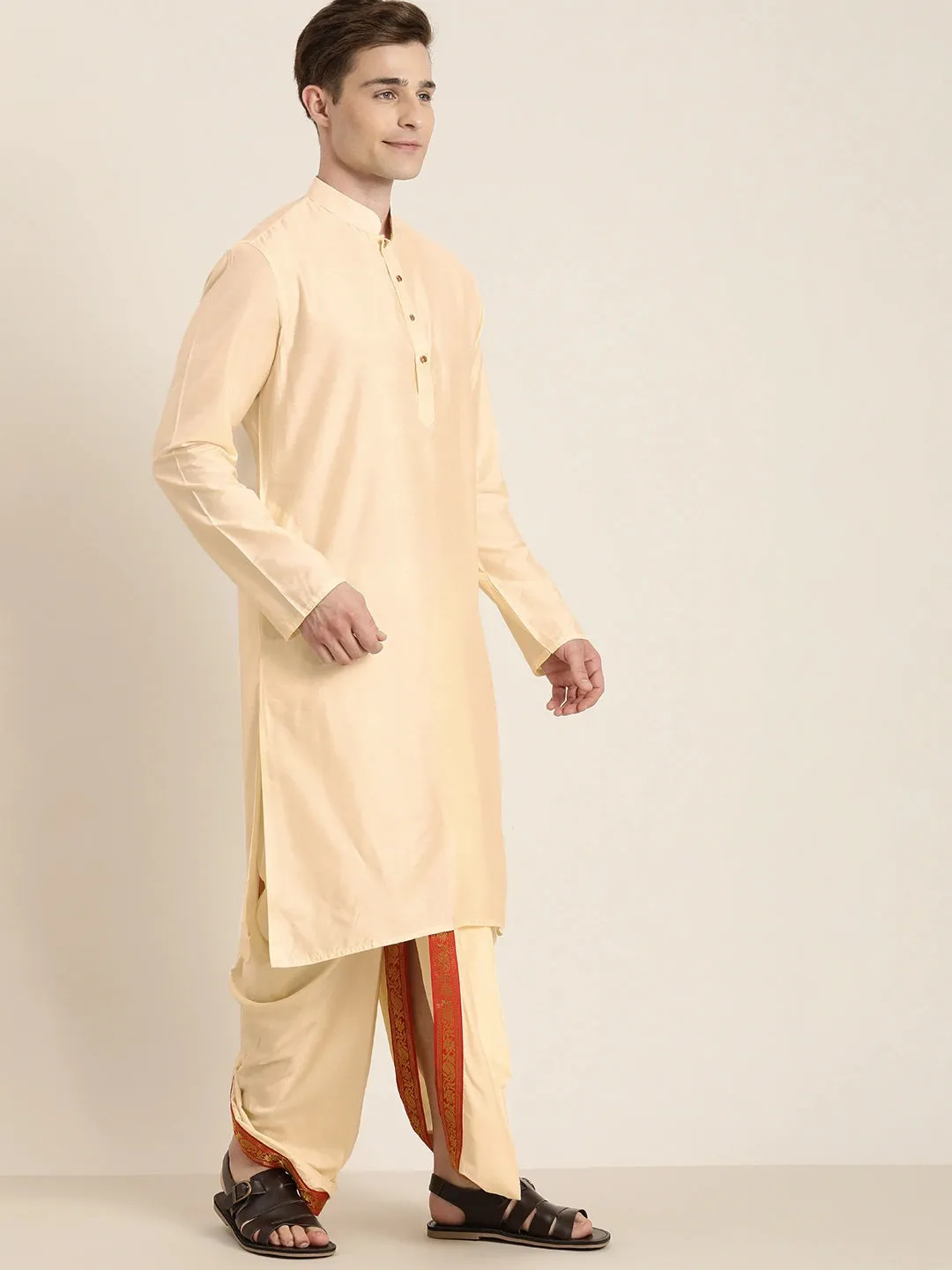 Jashvi Men's Cream Cotton Blend Kurta Dhoti And Dupatta Set