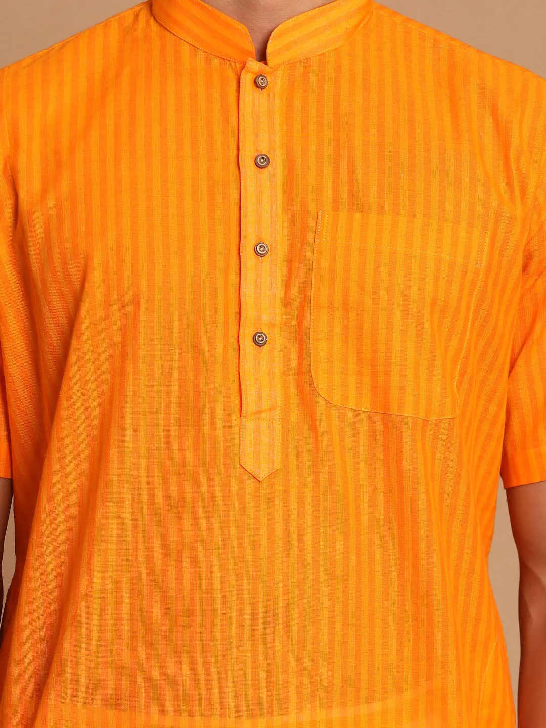 Jashvi Men's Orange Striped Cotton Kurta And Mundu Set