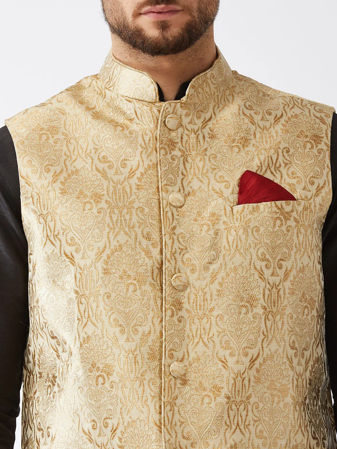 Jashvi Men's Rose Gold Banarasi Jacket With Black Silk Kurta and Gold Dhoti Set