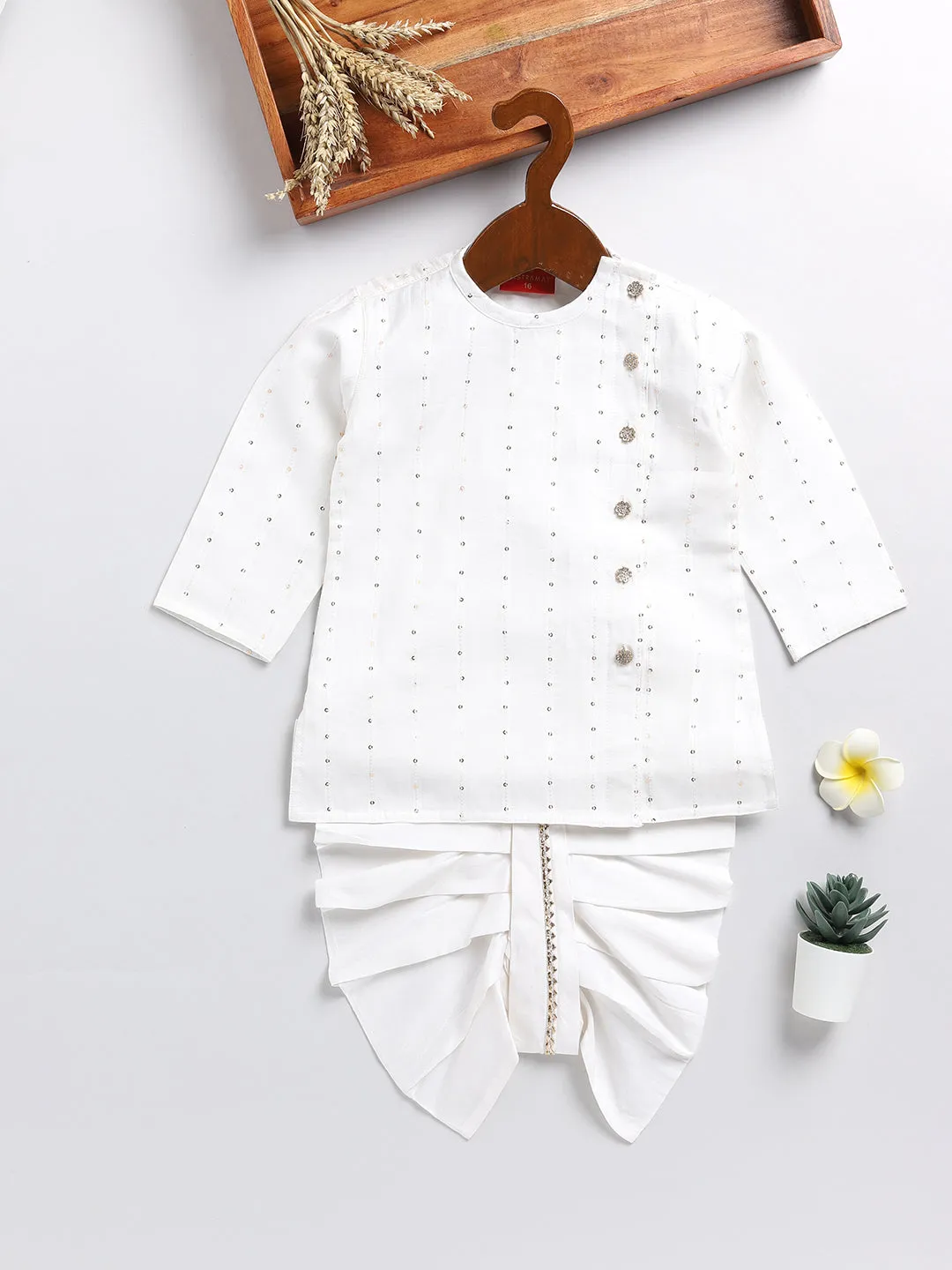 Jashvi SISHU Boy's White Embellished Angrakha Kurta Dhoti Set