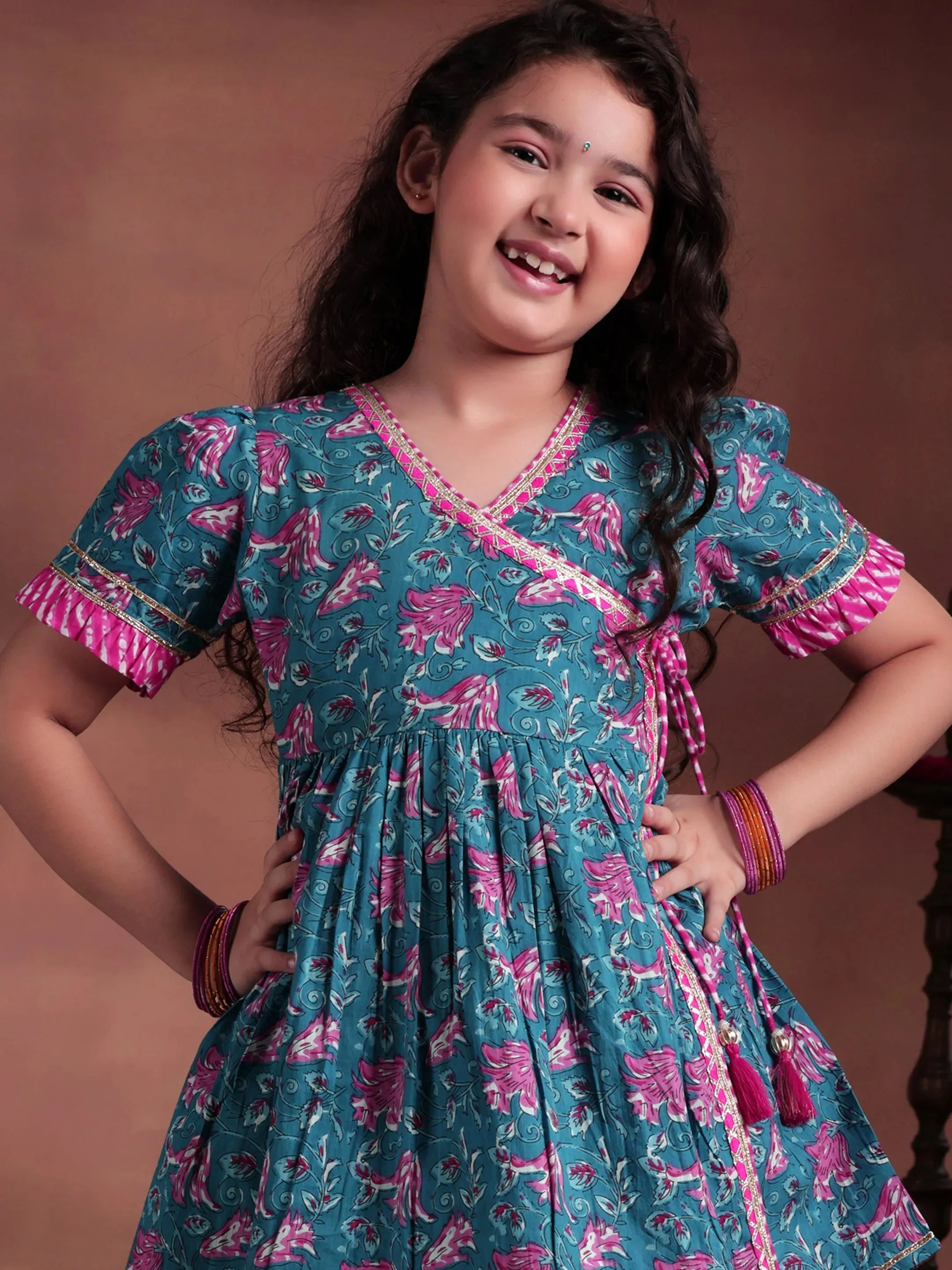 Kids Blue Printed Cotton A-Line Kurta With Dhoti Pants