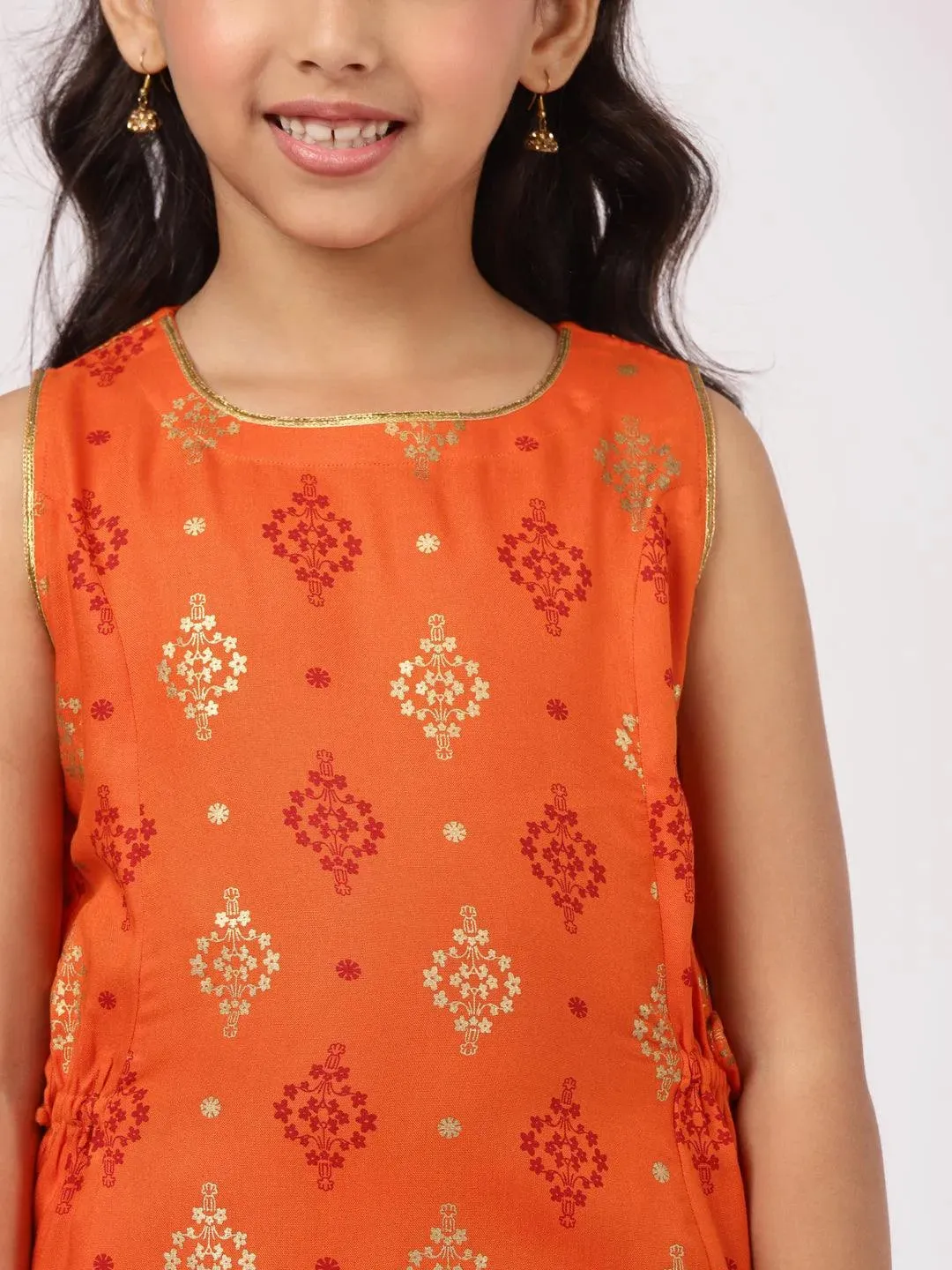 Kids Orange Printed Rayon Straight Kurta With Salwar & Dupatta