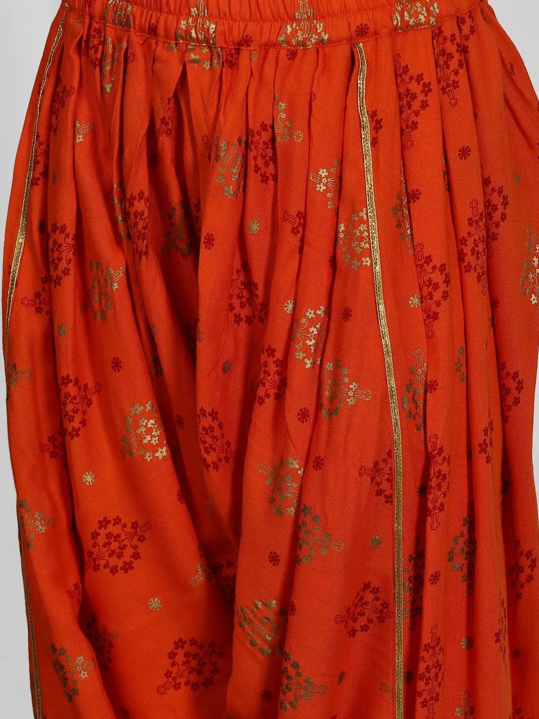 Kids Orange Printed Rayon Straight Kurta With Salwar & Dupatta