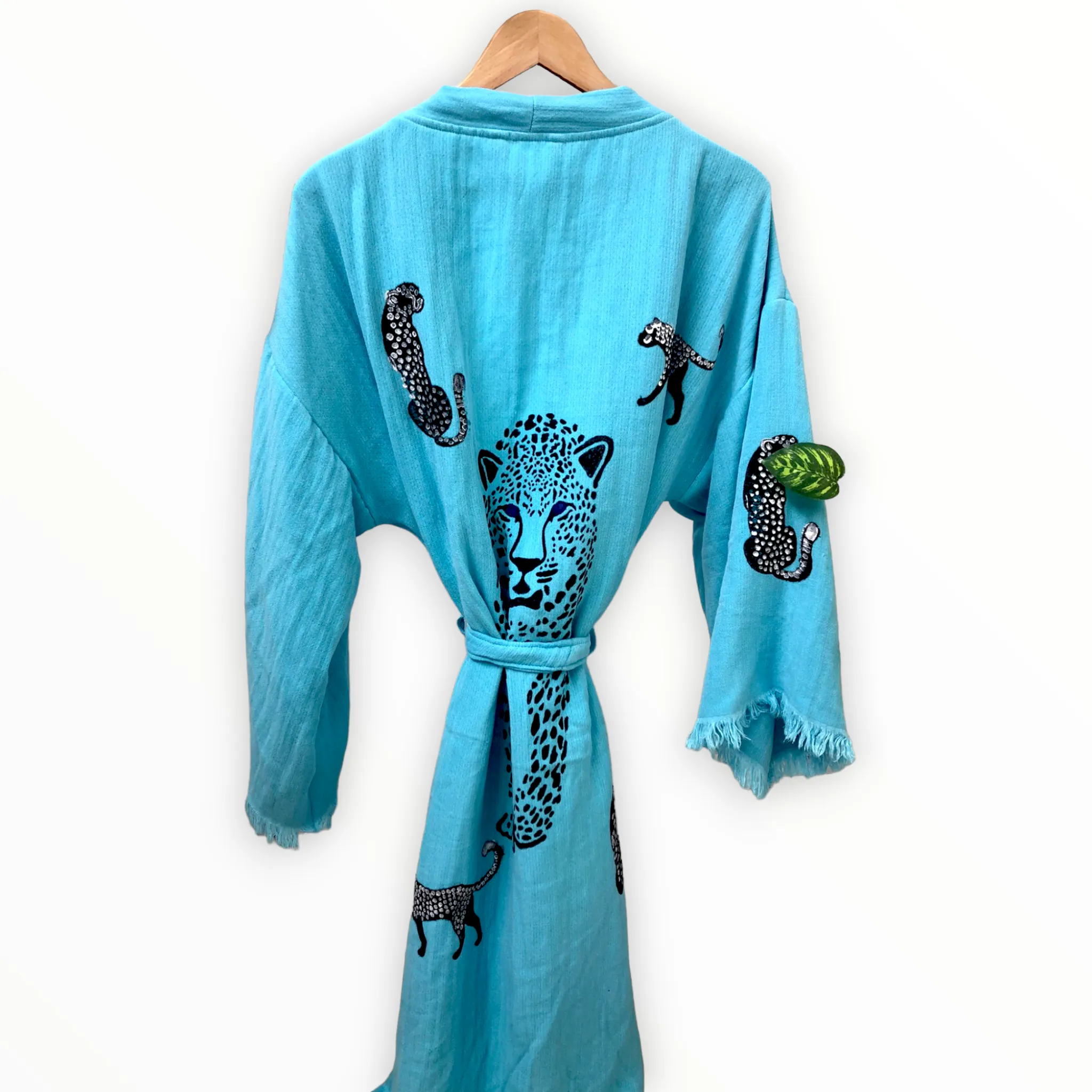 Leopard Turquoise Turkish Towel Kimono Kaftan Bathrobe - Beach Kimono