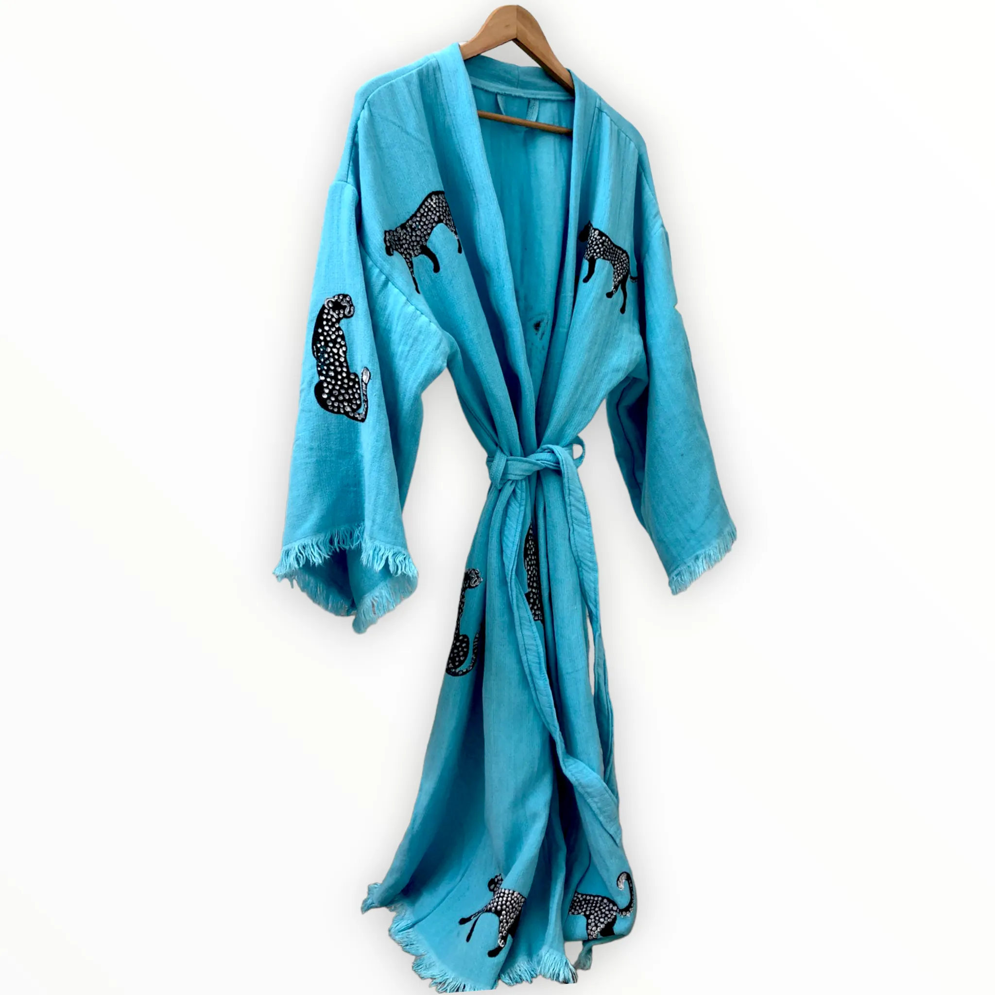 Leopard Turquoise Turkish Towel Kimono Kaftan Bathrobe - Beach Kimono