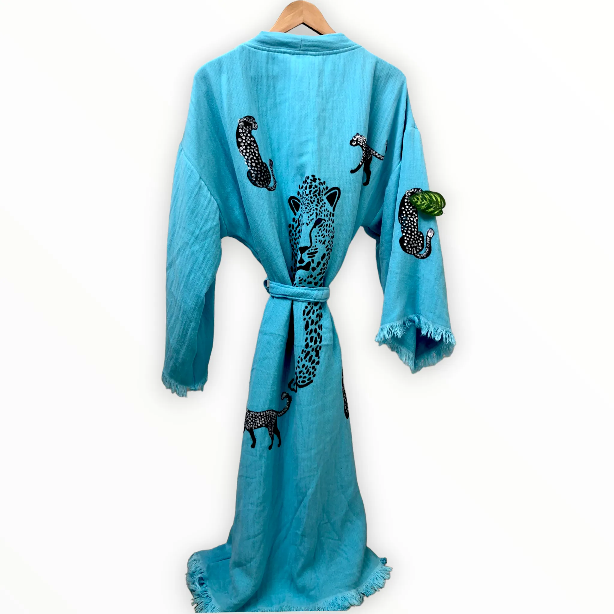 Leopard Turquoise Turkish Towel Kimono Kaftan Bathrobe - Beach Kimono