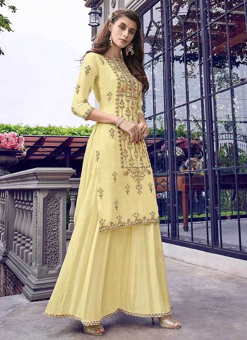 Light Lemon Embroidered Muslin Designer Sharara Suit