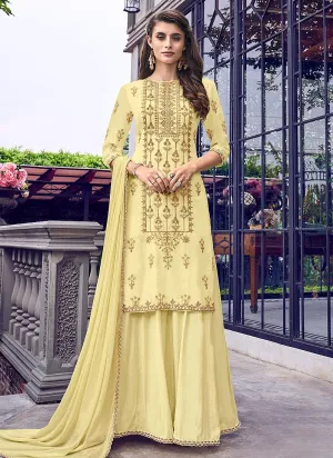Light Lemon Embroidered Muslin Designer Sharara Suit