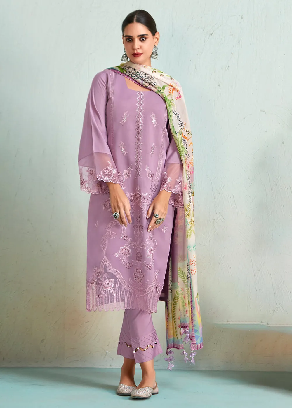 Lilac Pink Pure Muslin Resham Embroidered Salwar Suit