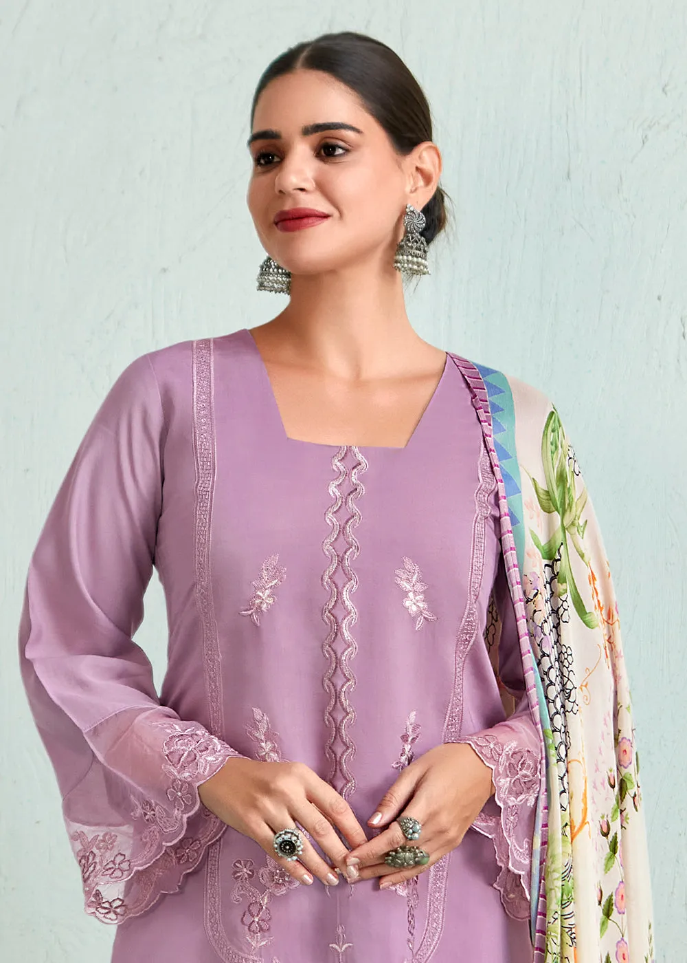 Lilac Pink Pure Muslin Resham Embroidered Salwar Suit