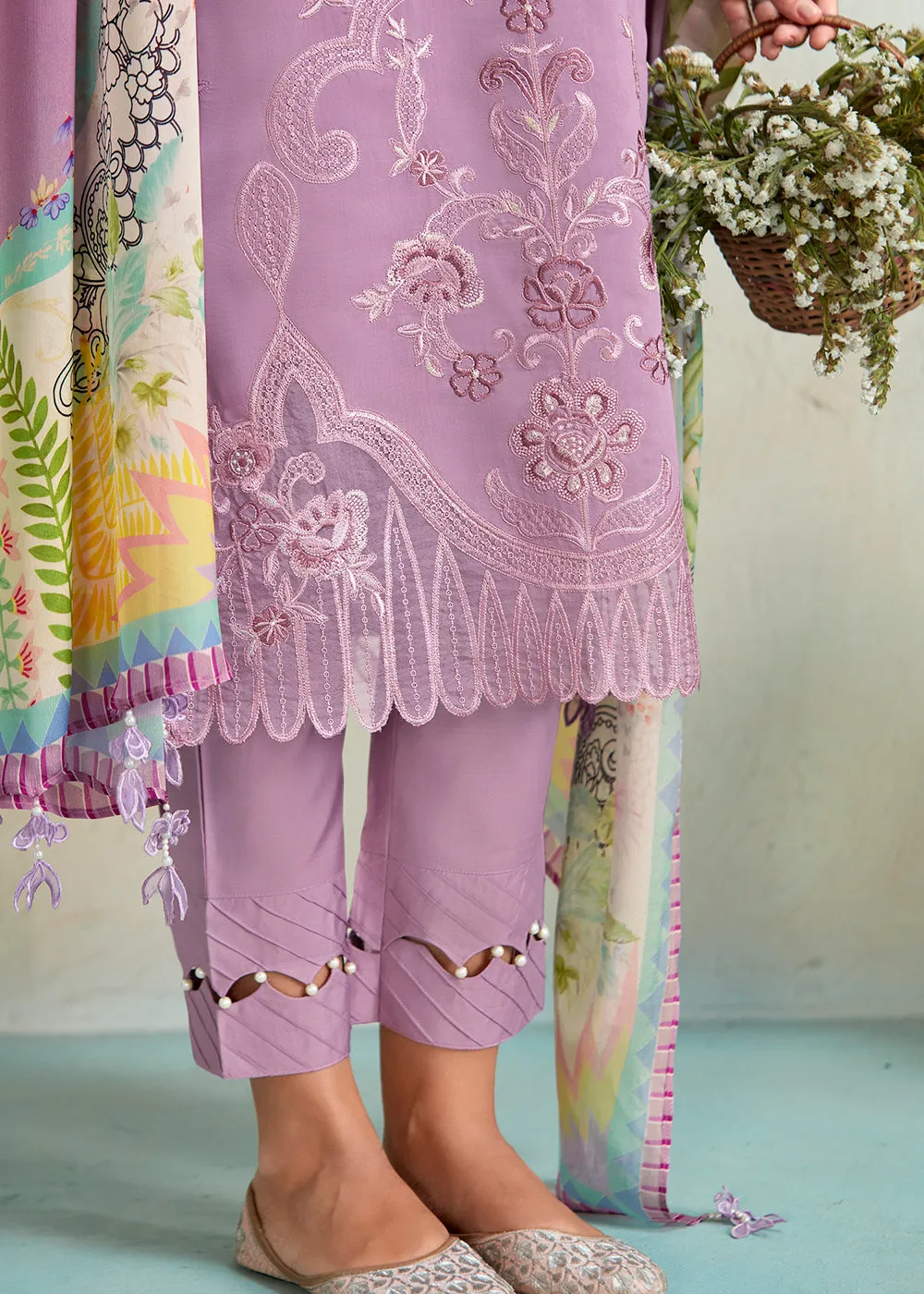 Lilac Pink Pure Muslin Resham Embroidered Salwar Suit