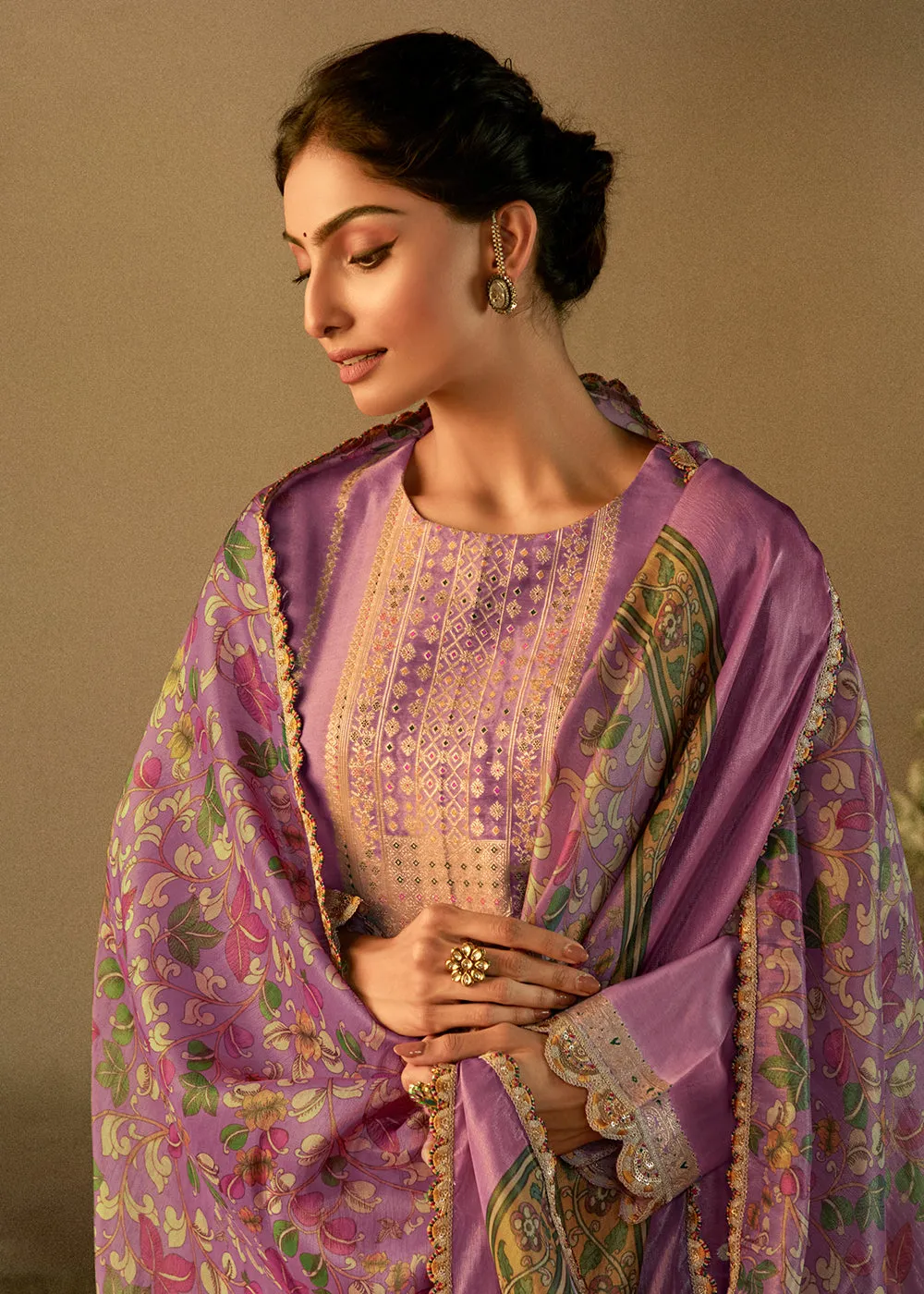 Lilac Pure Zari Banarasi Tissue Festive Wear Salwar Suit