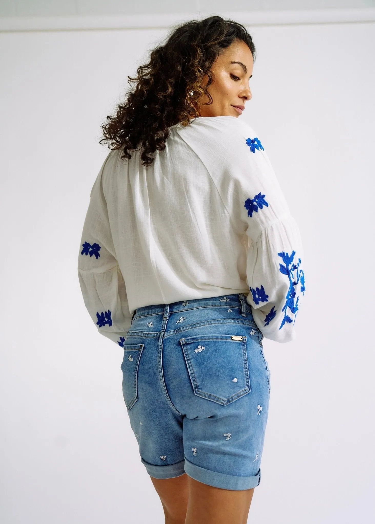 Linen Blend Peasant Blouse with Navy Embroidery