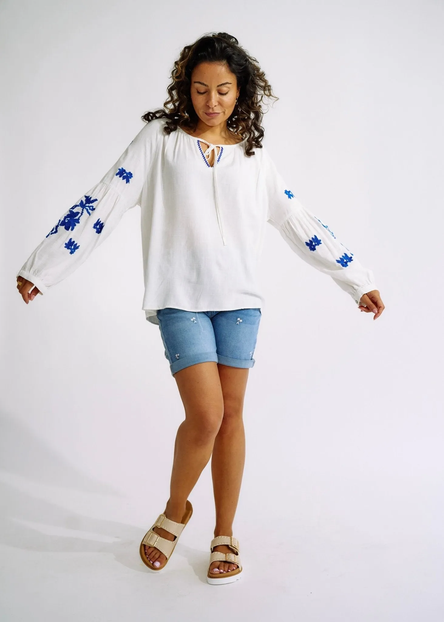Linen Blend Peasant Blouse with Navy Embroidery