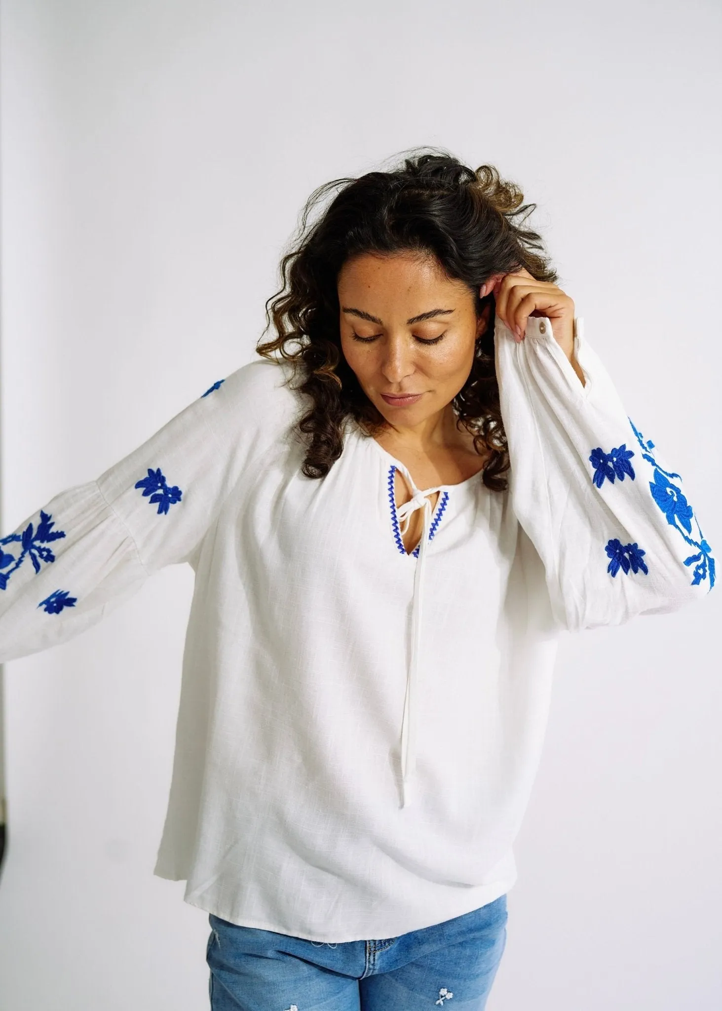 Linen Blend Peasant Blouse with Navy Embroidery