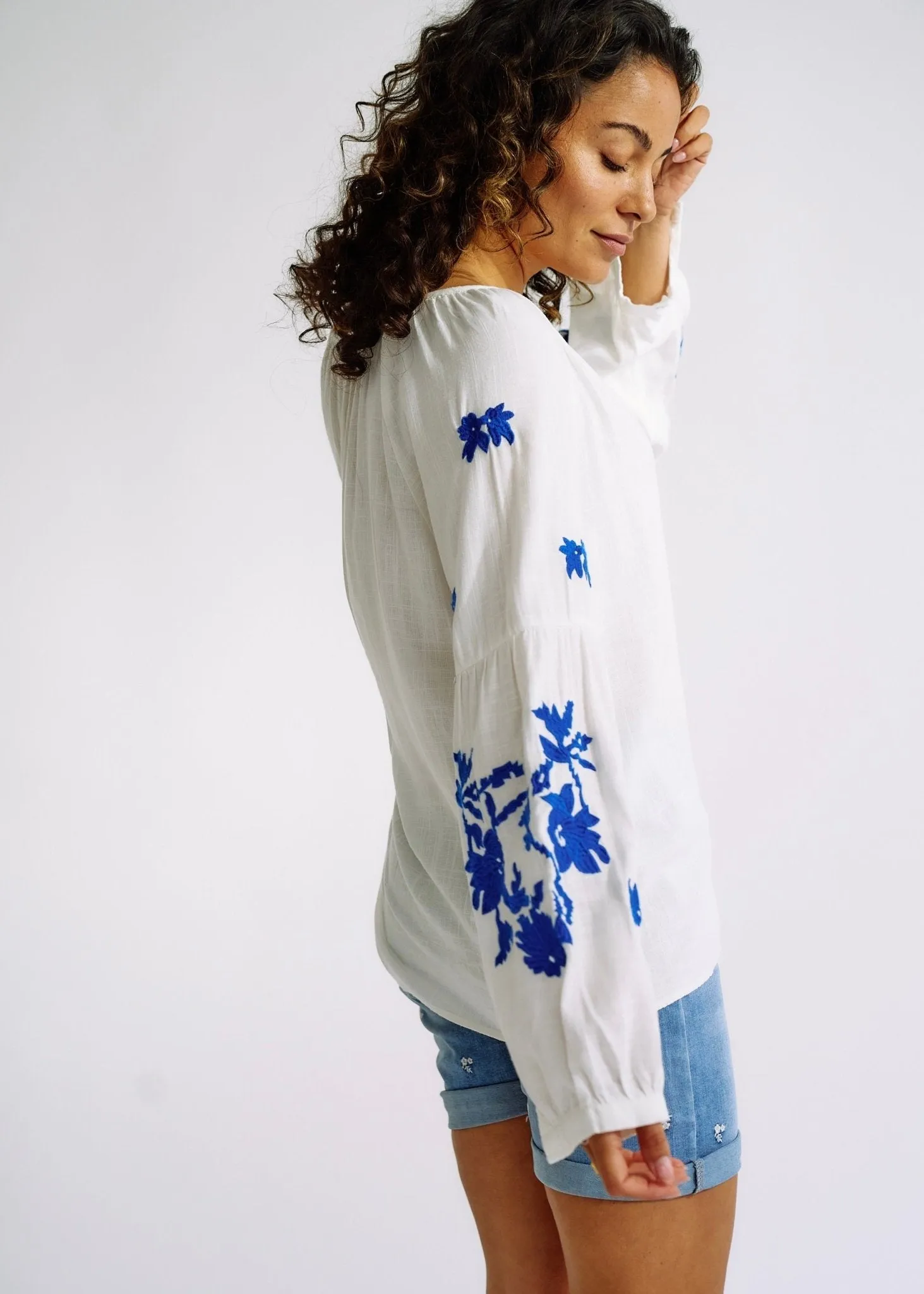 Linen Blend Peasant Blouse with Navy Embroidery
