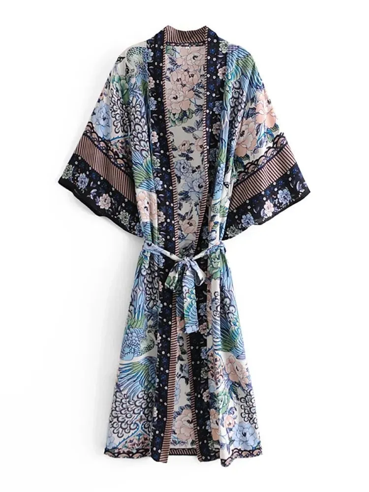 Long Kimono Peacock & Flowers Blue