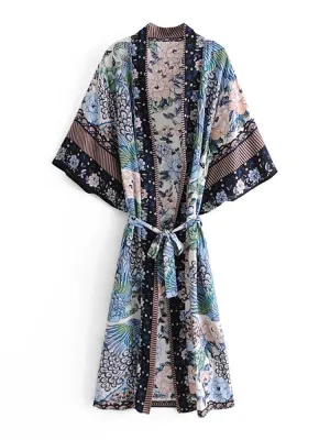 Long Kimono Peacock & Flowers Blue
