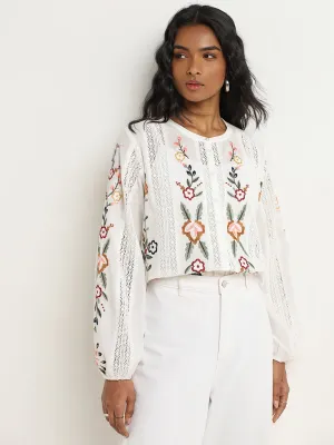 LOV White Floral Embroidered Cotton Top