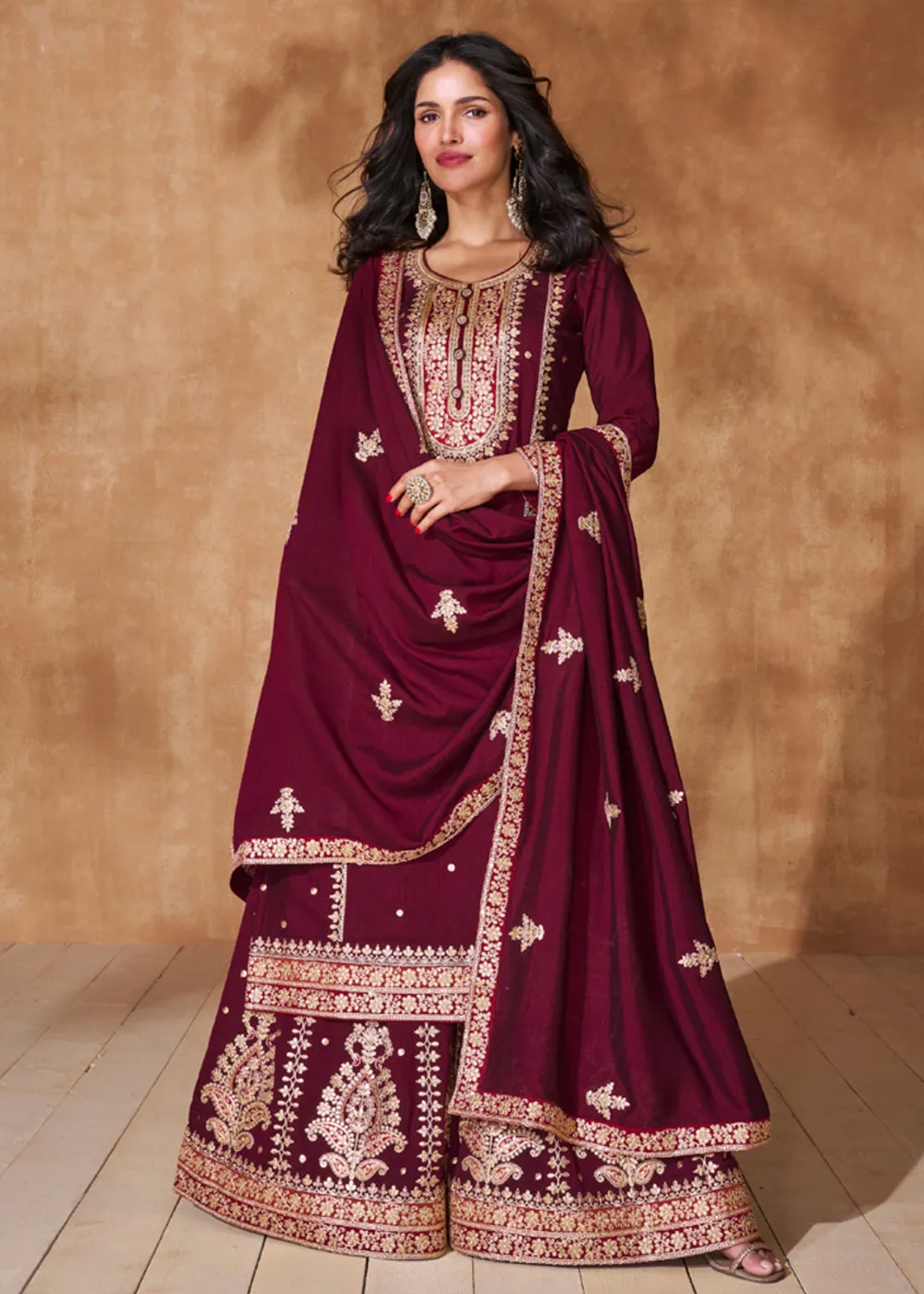 Lovely Wine Premium Silk Designer Palazzo Style Suit