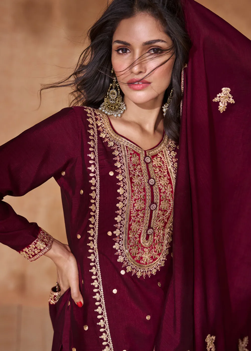 Lovely Wine Premium Silk Designer Palazzo Style Suit