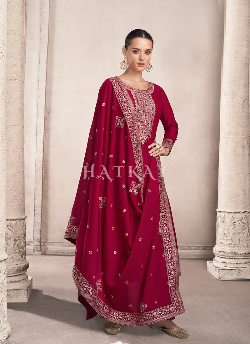 Magenta Golden Embroidered Silk Salwar Kameez