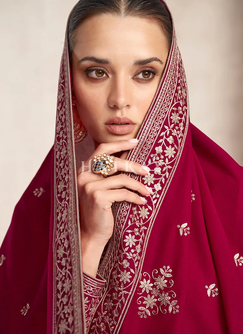 Magenta Golden Embroidered Silk Salwar Kameez