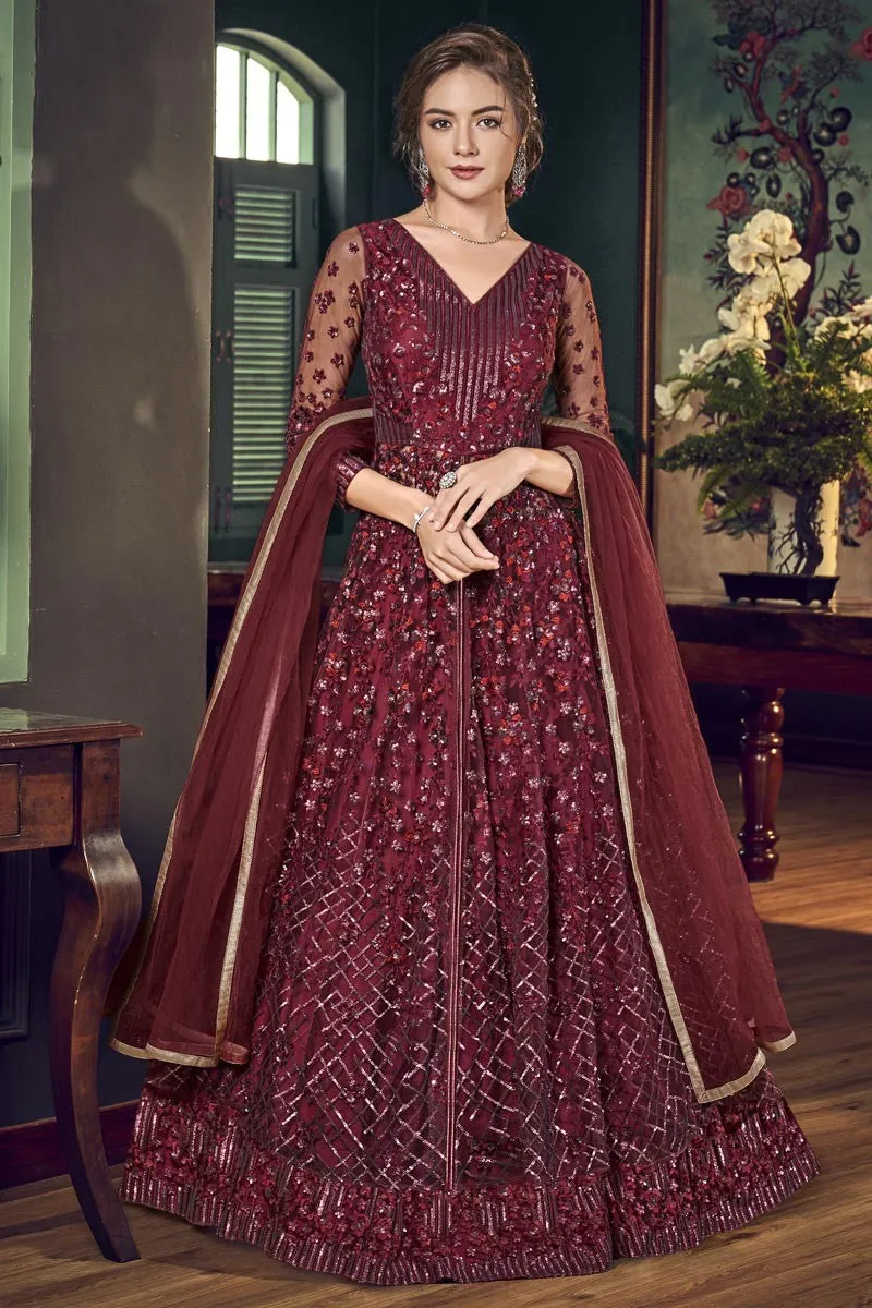 Majestic Maroon Fancy Embroidered Anakarli Suit