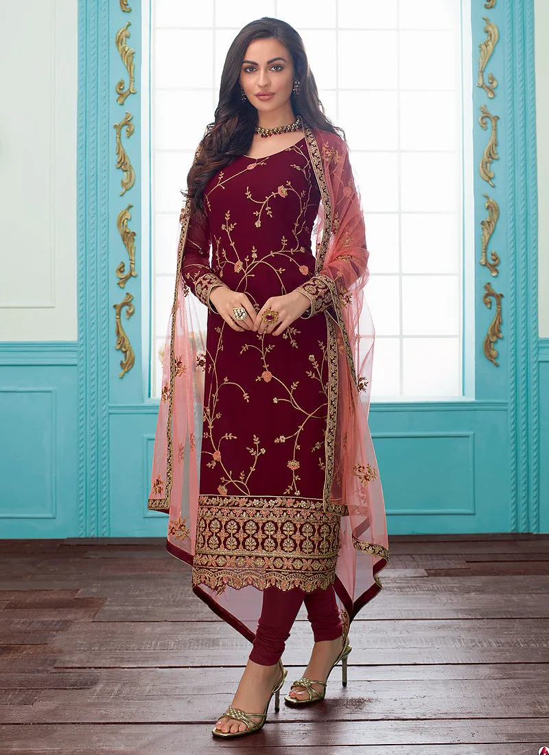 Maroon And Peach Embroidered Indian Churidar Suit