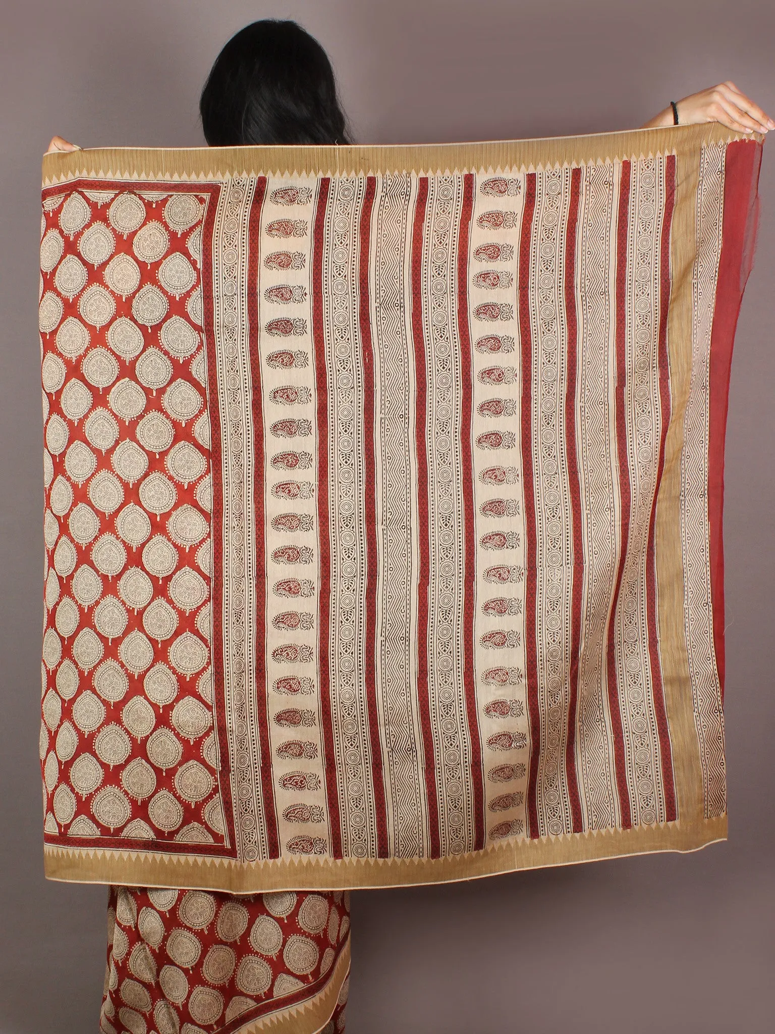 Maroon Beige Bagru Hand Block Printed in Natural Vegetable Colors Chanderi Saree With Geecha Border - S03170315