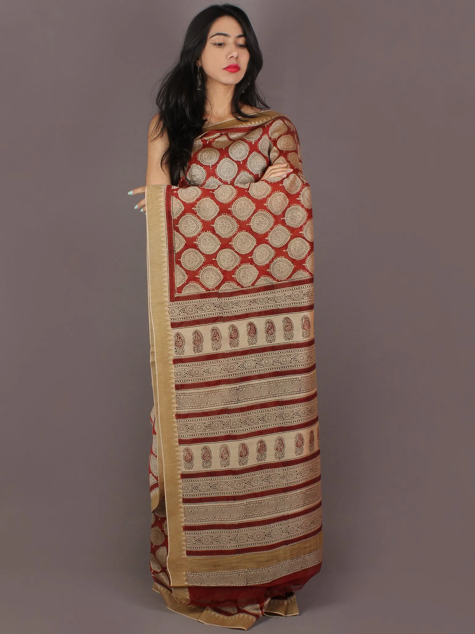 Maroon Beige Bagru Hand Block Printed in Natural Vegetable Colors Chanderi Saree With Geecha Border - S03170315