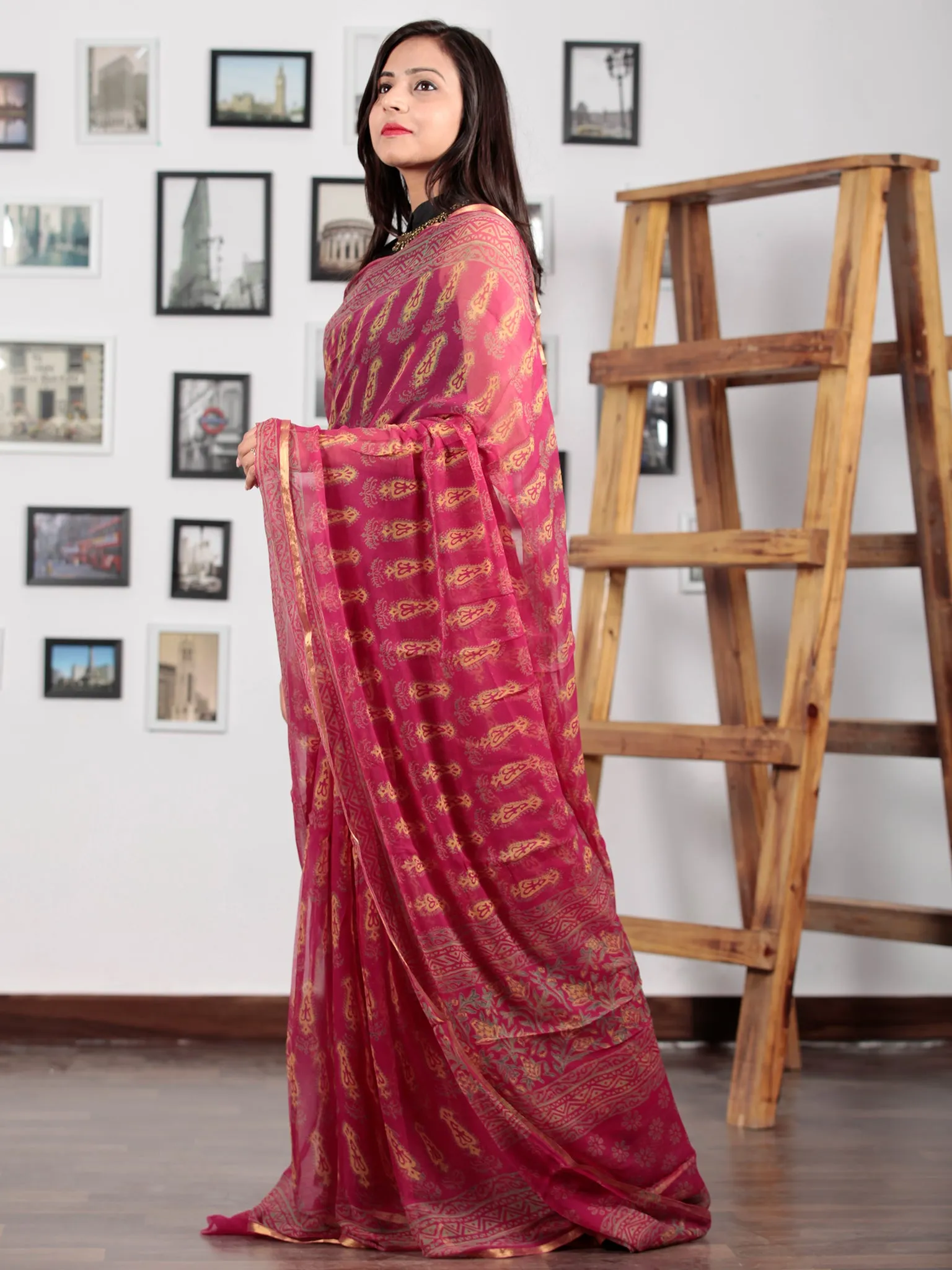 Maroon Green Yellow Hand Block Printed Chiffon Saree with Zari Border - S031702743