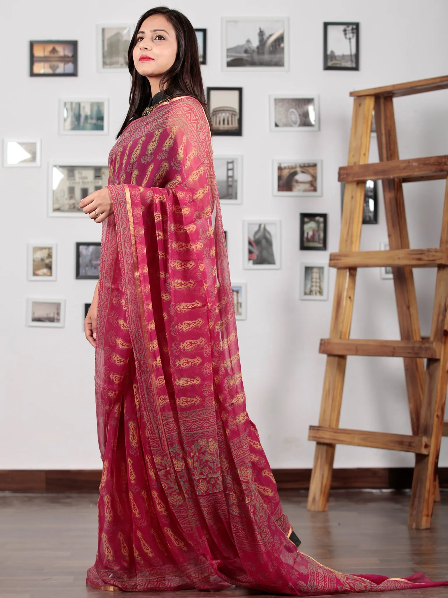 Maroon Green Yellow Hand Block Printed Chiffon Saree with Zari Border - S031702743