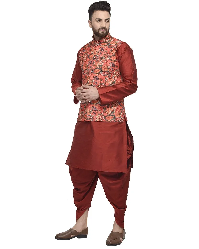 Men's Maroon Kurta With Dhoti & Orange Printed Nehru Jacket - Benstoke