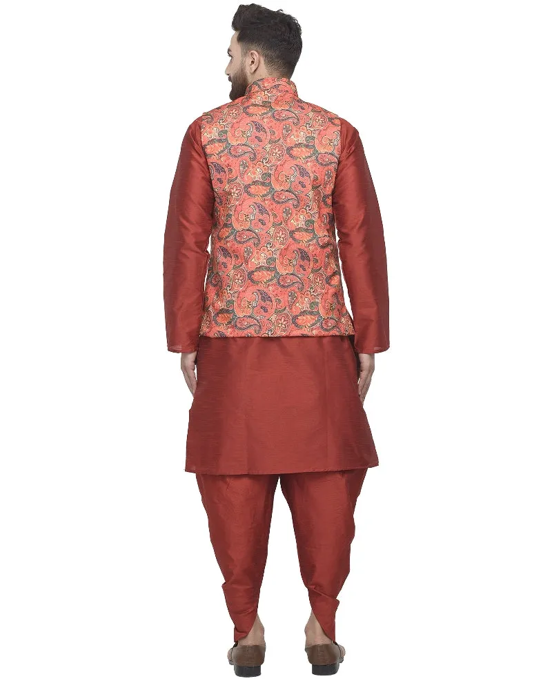 Men's Maroon Kurta With Dhoti & Orange Printed Nehru Jacket - Benstoke