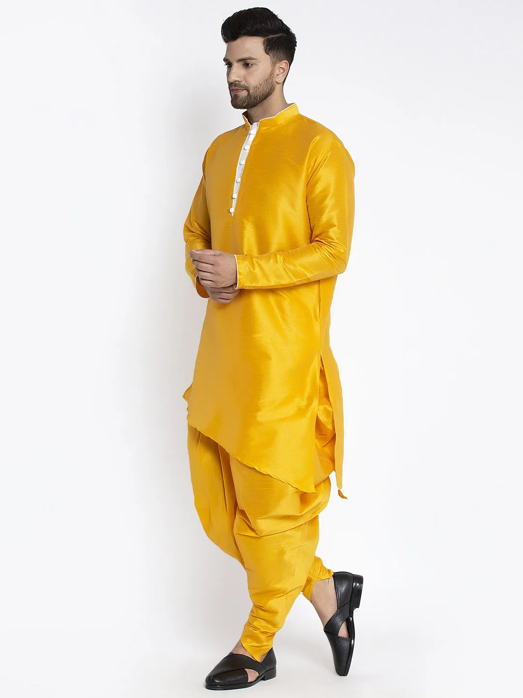 Men's Mustard Solid Kurta With Dhoti Pant - Benstoke