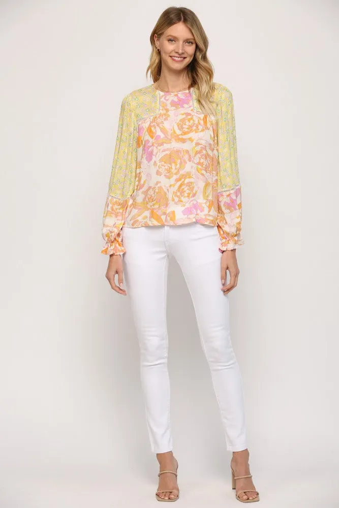 Mixed Print Lace Peasant Top